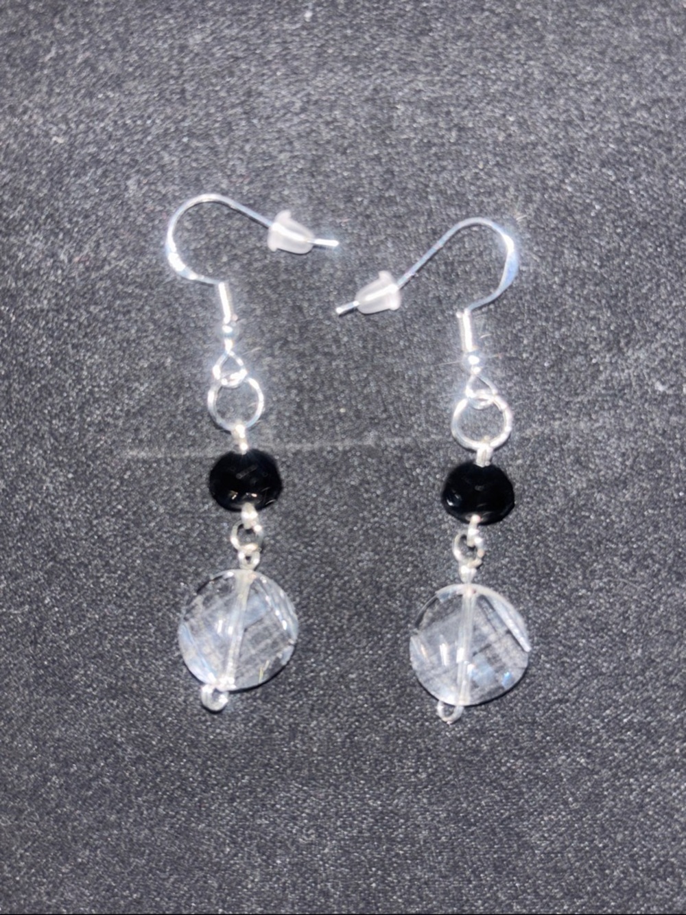 Silver Drop Earrings with Black and Clear Beads